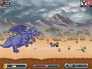 A powerful red dragon breathing a massive stream of fire onto an army of soldiers on the ground in the Fire & Might shooting game.