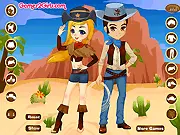 Cowgirl Jessie and cowboy Edward dressed in stylish Western outfits ready for a saloon poker game in the free Texas Buddies game.