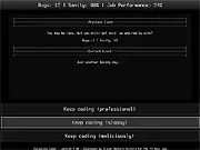 Screenshot of Corporate Coder game, showing a character at a desk in a cubicle farm with humorous choice prompts on screen, free online life simulator game.
