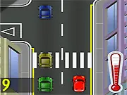 Screenshot of Driver Man game, showing a small car weaving between lanes of highway traffic at high speed, free online arcade racing game.