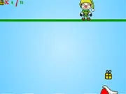 Screenshot of Elf's Gift Factory game showing an elf catching falling Christmas gifts into a sack