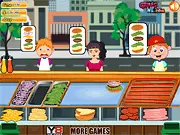 Super Burger Shop free online game screenshot, chef standing at the grill cooking sausages and serving a customer a customized burger