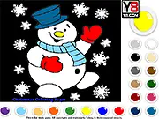 A cheerfully colored Christmas snowman wearing a hat and scarf, next to a Christmas tree in the free online coloring game