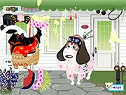 Families with Lady Dog game screen showing a cute cartoon dog dressed in an elaborate dress next to her family, set against a colorful background.