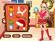 Screenshot of Christmas in Paris Dress Up game, showing a girl model in an elegant red coat and hat, free online girl game.
