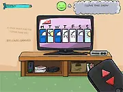 TV Simulator 2015 game screen showing a television set with various channel buttons and a gauge measuring the player's entertainment level and wakefulness
