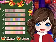 Christmas Fitting game screen showing a girl named Mary wearing a red and white festive costume, with various options for makeup, hairstyles, and jewellery displayed