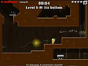Screenshot of Mine Trap game, showing a miner character jumping over a lava pit, avoiding a monster in an underground tunnel, free online platformer game.