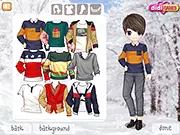 Winter Date game screen showing a boy named John and a girl named Katie standing in a snowy park, dressed in warm winter clothes, ready for their date