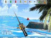 Sea Fishing Sun Beach online game screen showing a character fishing off a tropical beach. Play free online casual fishing game.