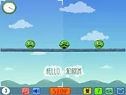Mustache Time game screen showing platforms being drawn in a small zone, with the mirrored action protecting the small mustache balls from falling