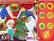 The character Elsa from Frozen secretly playing a mini-game while pretending to prepare for a Christmas party in the free online game Elsa Christmas Slacking
