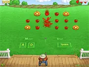 Harvest game screen showing a character shooting a wave of sentient enemy vegetables like carrots and cabbages in a colorful 2D arcade shooter