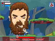 Screenshot from the game Ultraman vs Evil, showing the hero Ultraman delivering a powerful punch to the bearded villain.