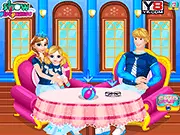 Anna and Baby Buy Parent Child Attire game screen showing a happy family (mother, father, and baby) standing in a shopping mall with various options for matching parent-child outfits