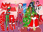 Play the Christmas Dresses fashion game free online, showing a beautiful girl modeling a glittering red holiday party dress.