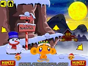 Monkey GO Happy North Pole free online puzzle game, Santa's workshop in shambles, sad monkey needs help, point-and-click adventure