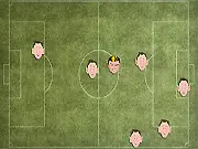 The main gameplay screen of Ronaldo's Nightmare showing the character Cristiano Ronaldo trying to escape from multiple chasing characters of Lionel Messi on a small field.