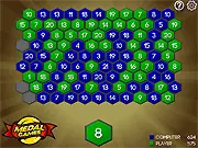 The main screen of the Hexa Shift strategy game showing a hexagonal grid board with numbered blue and red tiles representing controlled territory.