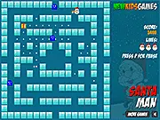 Santa Man game screen showing a pixelated Santa Claus character moving through a blue and red maze, collecting yellow dots while avoiding brightly colored ghost-like monsters
