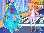 Screenshot of the Raincoat Fashion dress-up game, showing a girl in a stylish raincoat and boots, free online fashion game