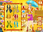 Autumn Love dress up game showing Ellen in a stylish outfit with rain boots and an umbrella, ready for a walk in the autumn park. Play free online fall fashion game.