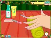 Screenshot from Christmas Fab Nails game showing a girl with brightly polished, festive Christmas-themed nails and holiday makeup.