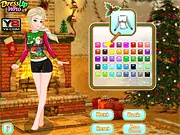 Screenshot from the game Elsa's Ugly Christmas Sweater, showing Queen Elsa modeling a hilariously tacky, customized Christmas sweater.