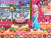 Elsa's Winter Cake Prepare online game screenshot, Queen Elsa decorating a blue and white frozen theme cake, cooking and snowman building free game