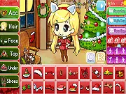 A digital illustration of a cheerful girl wearing a beautifully decorated Christmas-themed outfit from the Christmas Pretty Girl dress-up game.