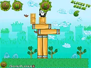 A cute panda character sitting on a stack of brightly colored geometric platforms high above a patch of dangerous green grass in the Save the Panda puzzle game.