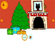 Christmas Cat 2015 game screenshot showing a festive room with a Christmas tree and a mischievous cat, highlighting the need to find the missing red ornament balls.