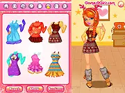 Screenshot of the White Christmas Night dress-up game, showing a girl standing in a cozy mountain chalet surrounded by Christmas decorations and snow outside.