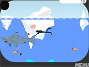 Scuba Jerk game screen showing the scuba diver character stabbing an innocent fish while a large predator shark looms in the background of the ocean level.
