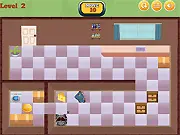 Screenshot of the game Animal Thieves Co-op, showing two small animals navigating a level filled with traps to reach cheese and a burger. Play free online puzzle game.