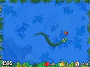 Screenshot of the game Water Snake, showing a green snake swimming in a lake, chasing an apple. Play free classic arcade game online.