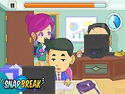 An office worker secretly playing a video game on his phone while his boss and secretary look away in the free online game Back to Work