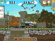 Screenshot of the game Viaduct Designer, showing a cargo train crossing a bridge structure built by the player. Play free bridge builder game online.