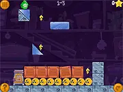 Screenshot of the game Crash! Boom! Bank!, showing a bomb, levers, and blocks set up to create a chain reaction. Play free physics puzzle game online.