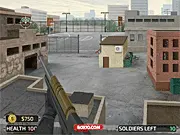 Play City Shootout free online defense game, showing a mounted gun firing at enemy soldiers and tanks attacking a fortified base.