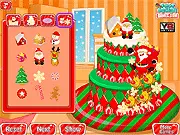 Decorating a three-tier cake with Christmas-themed frosting, gingerbread men, and holiday ornaments in the free online game Merry Christmas Cake Decoration