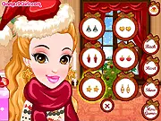 A girl with perfect makeup wearing a sparkling red dress and a Santa hat, ready for a Christmas party, in the free online makeover game
