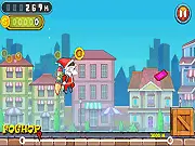 A colourful screenshot from the online game Santa's Journey, showing Santa Claus flying with a jetpack over snowy rooftops, avoiding obstacles and collecting brightly wrapped gifts.