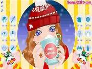 Play Hot Chocolate Winter Makeover free online game on PlayArcadeHub, showing a girl with a cozy new outfit and makeup, holding a cup of hot chocolate.