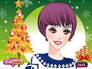 Sister's Christmas game screen showing the two sister characters, Bella and Sarah, standing in a festive room with a Christmas tree, modeling their newly chosen holiday fashion outfits.
