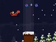 Santa Drop game online free, Santa Claus flying in his sleigh over rooftops dropping presents.