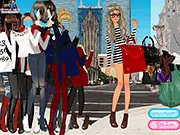 New York Fashion District game screen showing a styled girl with trendy clothes and the NYC skyline in the background | Play free online fashion game