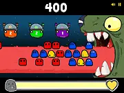 Blobz Rescue game screenshot showing cute Blobz being guided to a spaceship entrance, away from a giant monster | Play free puzzle platformer game online