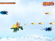 Gameplay screenshot of Naruto Dragons Battle, a free online action game showing Naruto fighting a large flying dragon in the sky