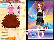 A girl standing in front of a high-tech virtual fitting mirror, instantly trying on a stylish new outfit, including a dress and matching accessories.